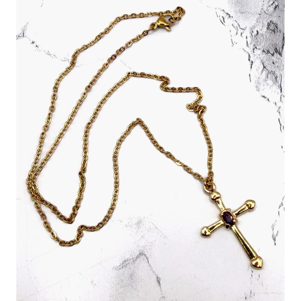 Christian Heart Cross Gold Tone Necklace Garnet Stone 20" January birthstone